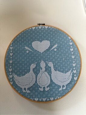 Vtg Goose Wall Hanging 10" Lace Embroidered Hoop 80s Cottagecore Decor